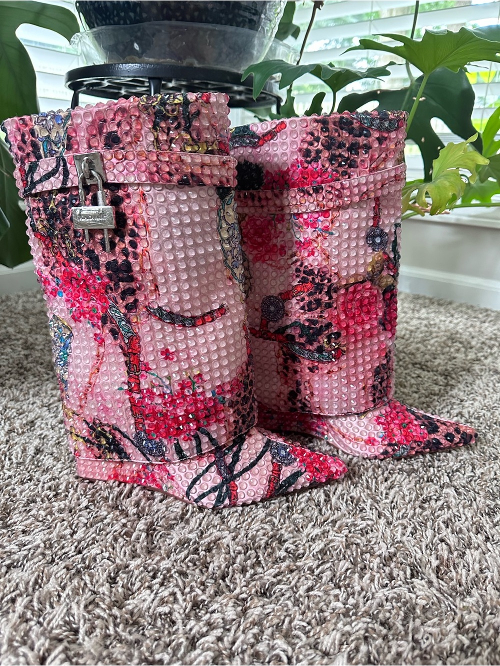 Women's Pink Embellished Floral Heeled Boots